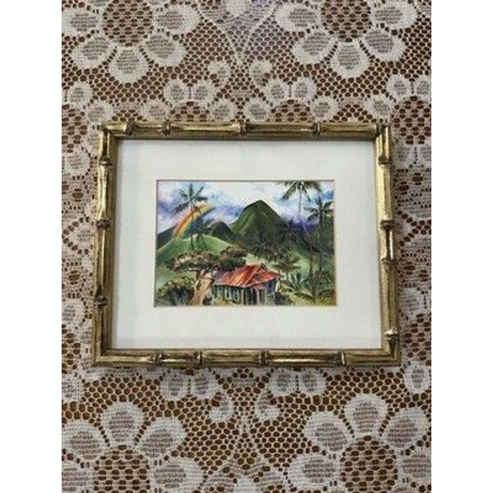 Beautiful Vintage Tropical Island Art Print – Signed Rainbow Hawaii Gold Bamboo